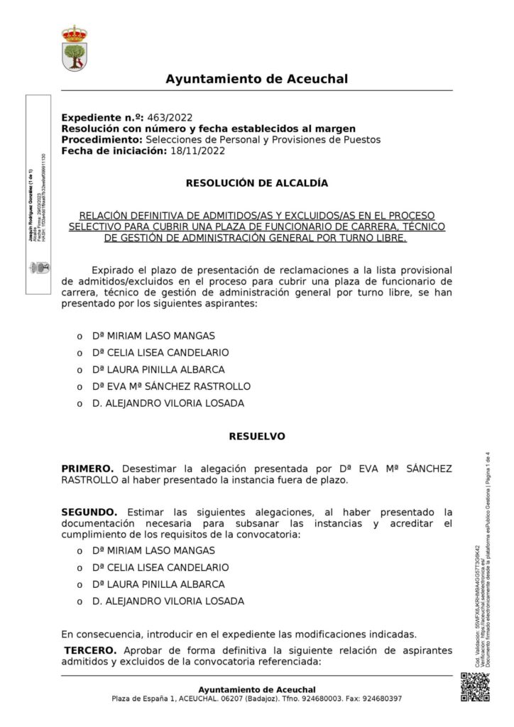RELACIÓN DEFINITIVA PLAZA FUNCIONARIO DE CARRERA – Aceuchal – Web oficial  del Ayuntamiento