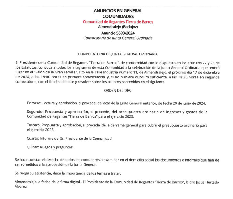 Junta Comunidad Regantes Tierra De Barros Aceuchal Web Oficial Del Ayuntamiento